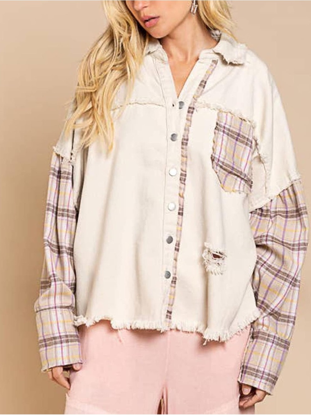 White Cotton Plaid Contrast Shacket